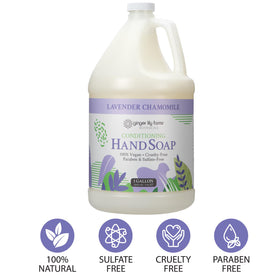 Ginger Lily Farms bottle next to dispenser showing economical refill solution