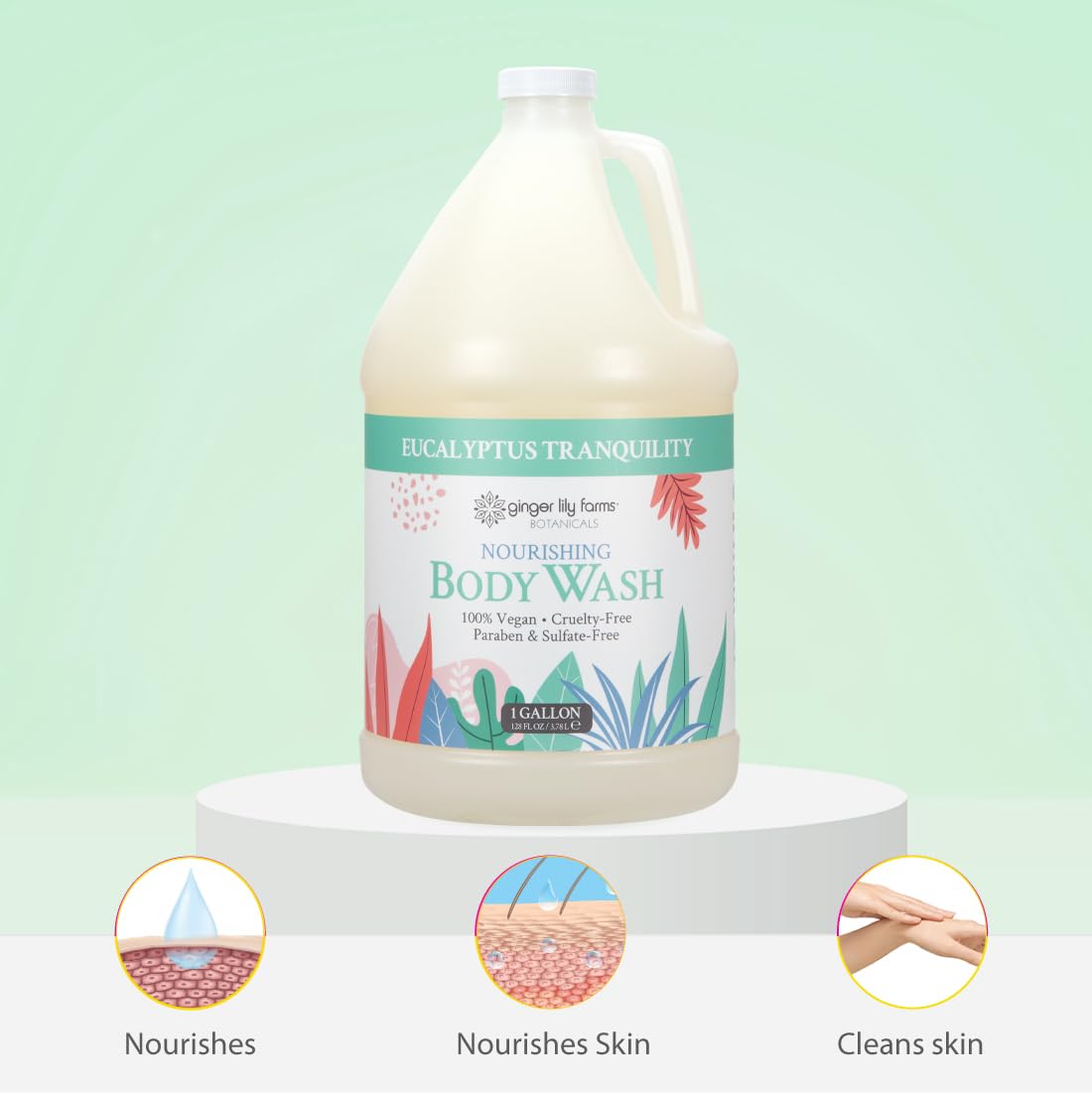 Ginger Lily Farms gallon beside shower dispenser illustrating easy refills