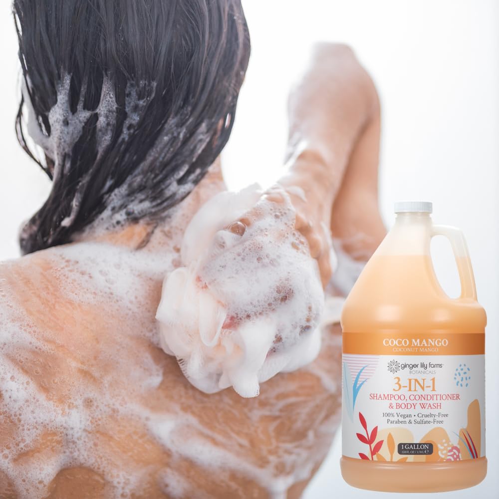 Ginger Lily Farms in shower scene conveying tropical scent and simple daily care