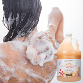 Ginger Lily Farms in shower scene conveying tropical scent and simple daily care