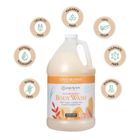 Ginger Lily Farms gallon next to hand for size and volume comparison