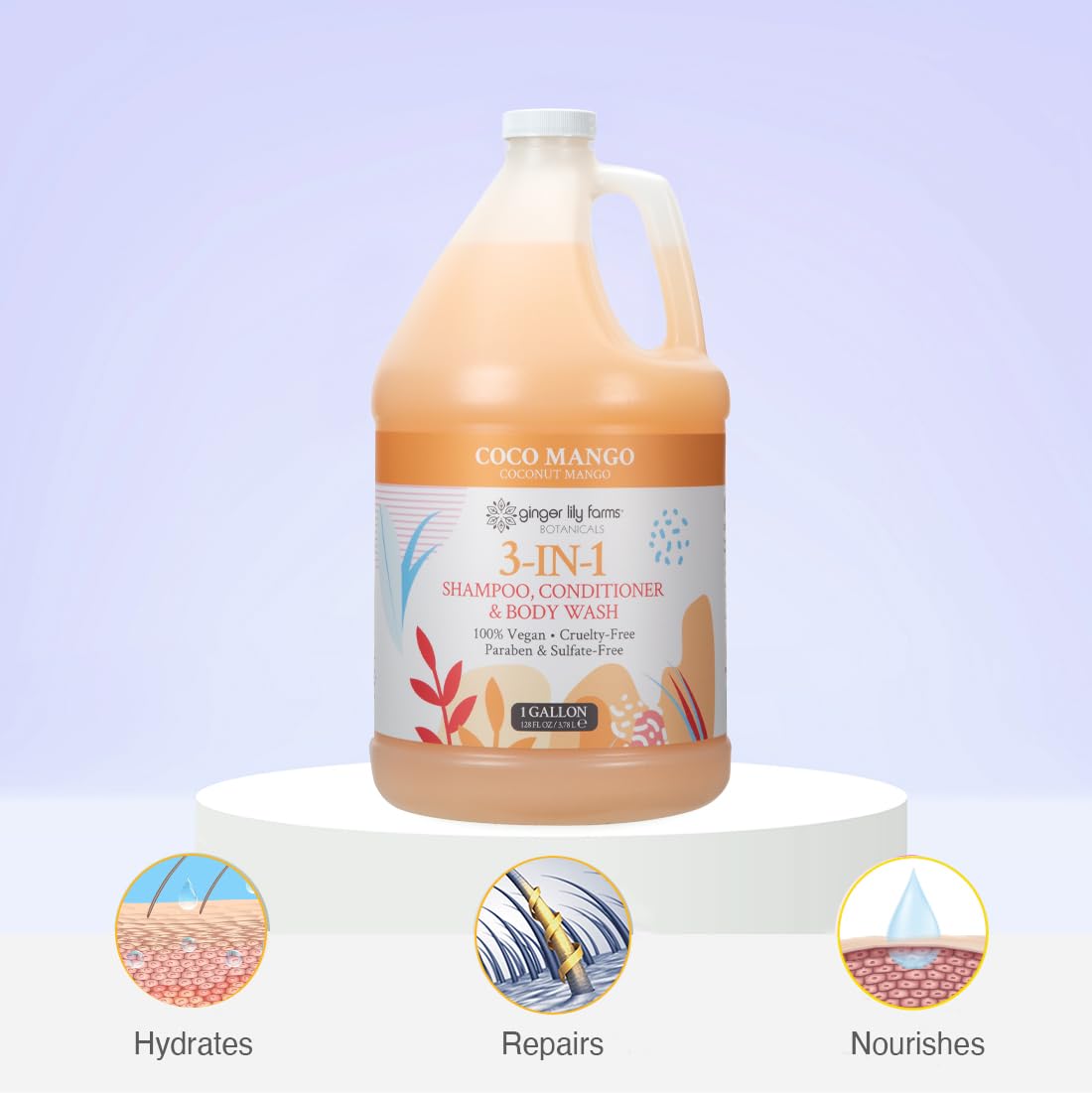 Ginger Lily Farms gallon beside common bottles demonstrating bulk savings and scale