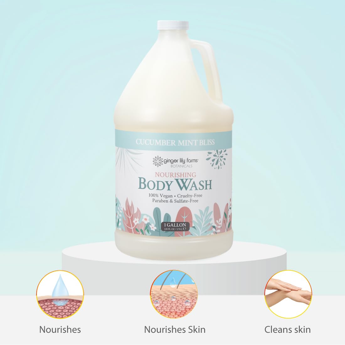 Ginger Lily Farms refill being poured into a shower dispenser for eco-friendly use