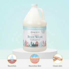 Ginger Lily Farms refill being poured into a shower dispenser for eco-friendly use