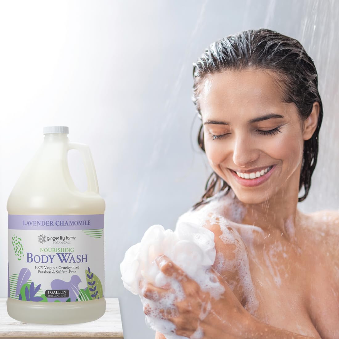 Ginger Lily Farms bottle installed in gym shower showing bulk use and convenience