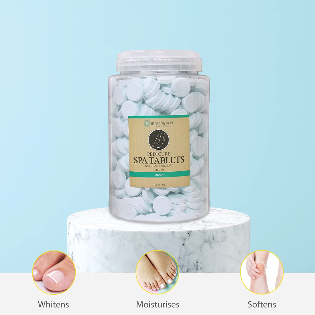 Ginger Lily Farms foot soak in use showing softened skin and conditioned cuticles benefit