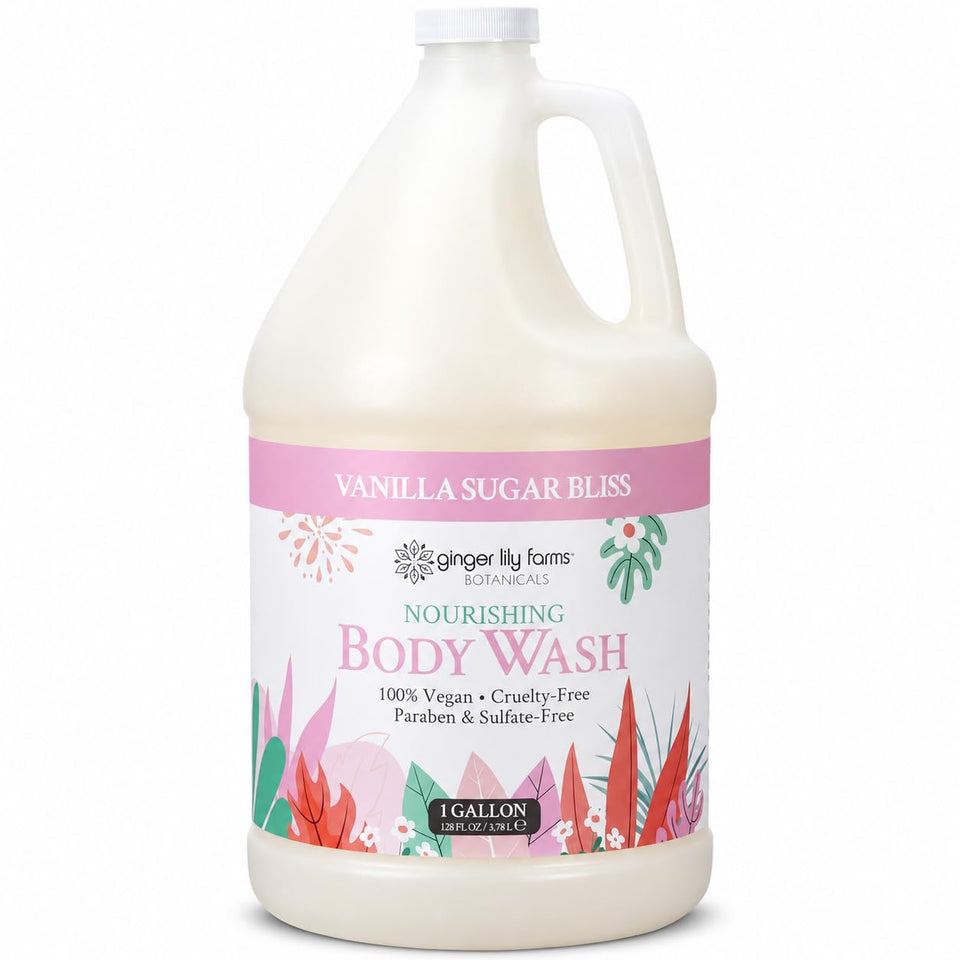 Ginger Lily Farms front gallon packaging shows refill savings and vegan benefit