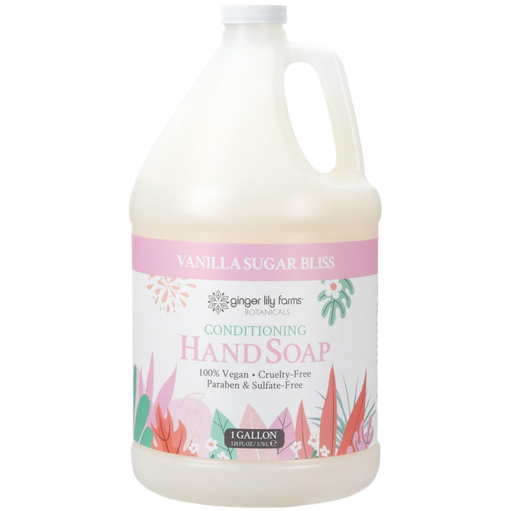 Ginger Lily Farms gallon front label showing scent and vegan badge for quick identification