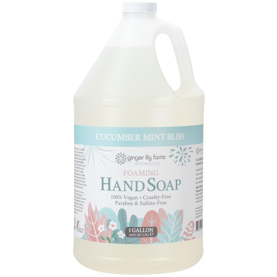 Ginger Lily Farms front label on gallon refill showing scent and vegan claim