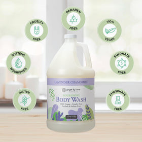 Ginger Lily Farms botanicals display with lavender chamomile and citrus highlighting natural ingredients