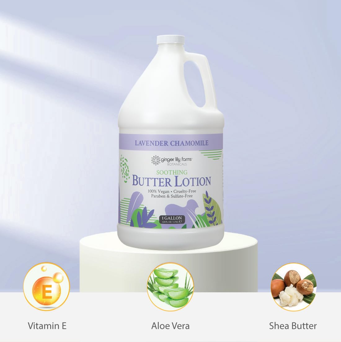 Ginger Lily Farms bottle on bathroom counter conveying spa-like scent and calm