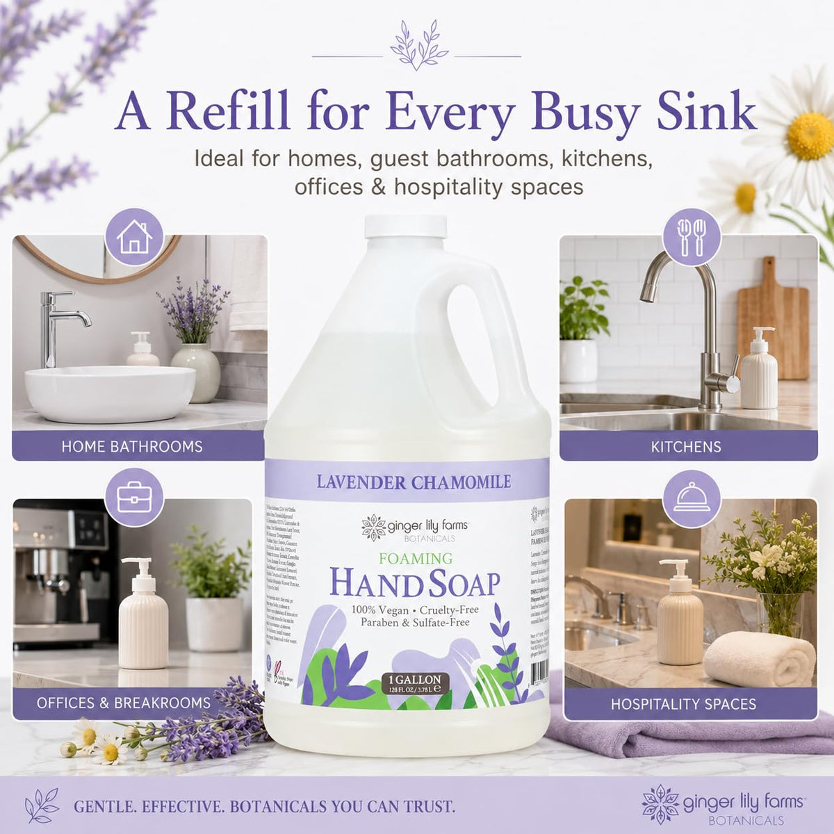 Ginger Lily Farms gallon in a styled bathroom setting suggesting spa-like aroma