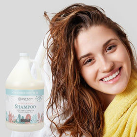 Ginger Lily Farms shampoo in a spa bathroom setting conveying professional quality
