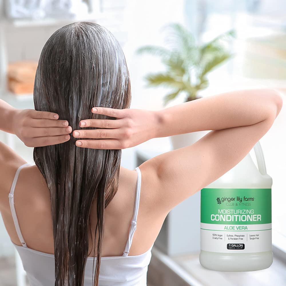 Ginger Lily Farms in a shower setting suggesting salon-ready hydration at home