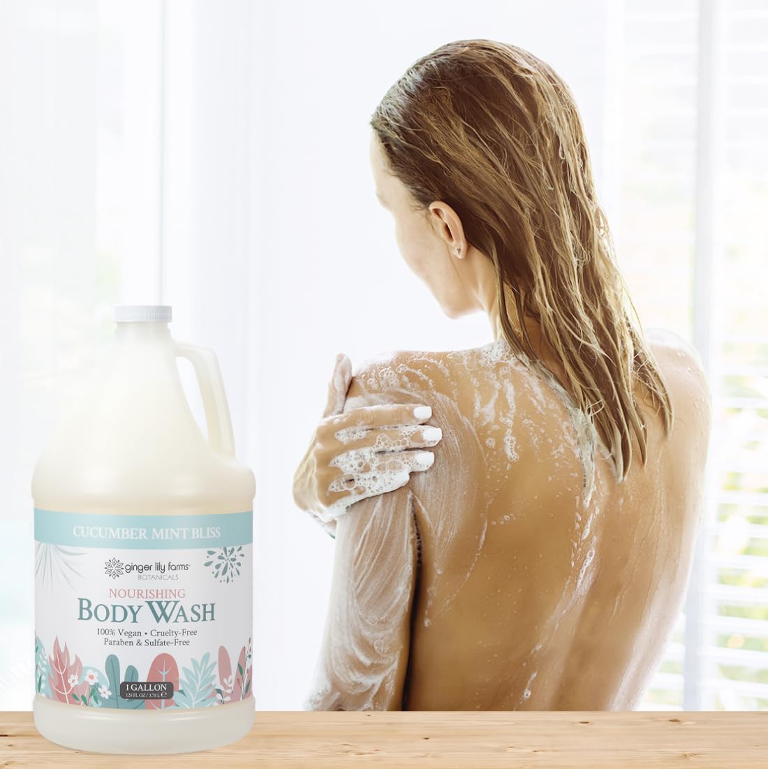 Ginger Lily Farms bottle in a spa-style bathroom conveying calming, fresh scent benefit