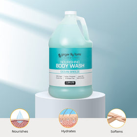 Ginger Lily Farms refill being poured into shower dispenser showing waste reduction benefit