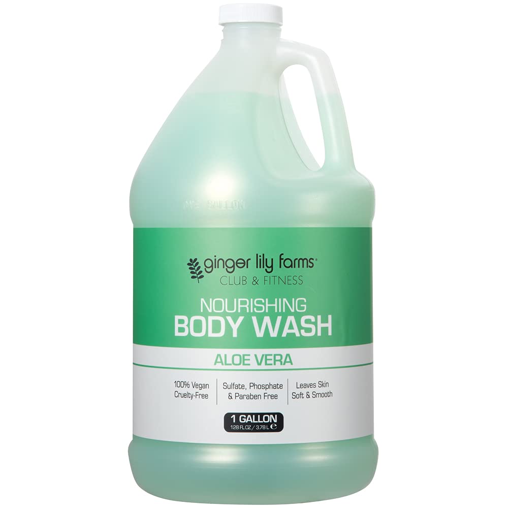 Ginger Lily Farms pouring body wash from jug into dispenser to show refill ease