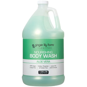 Ginger Lily Farms pouring body wash from jug into dispenser to show refill ease