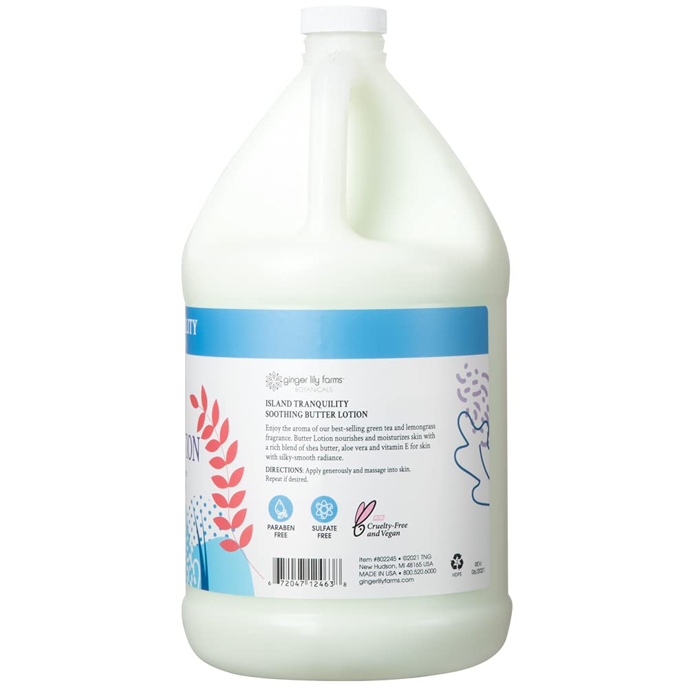 Ginger Lily Farms pouring lotion from gallon for easy refill and value