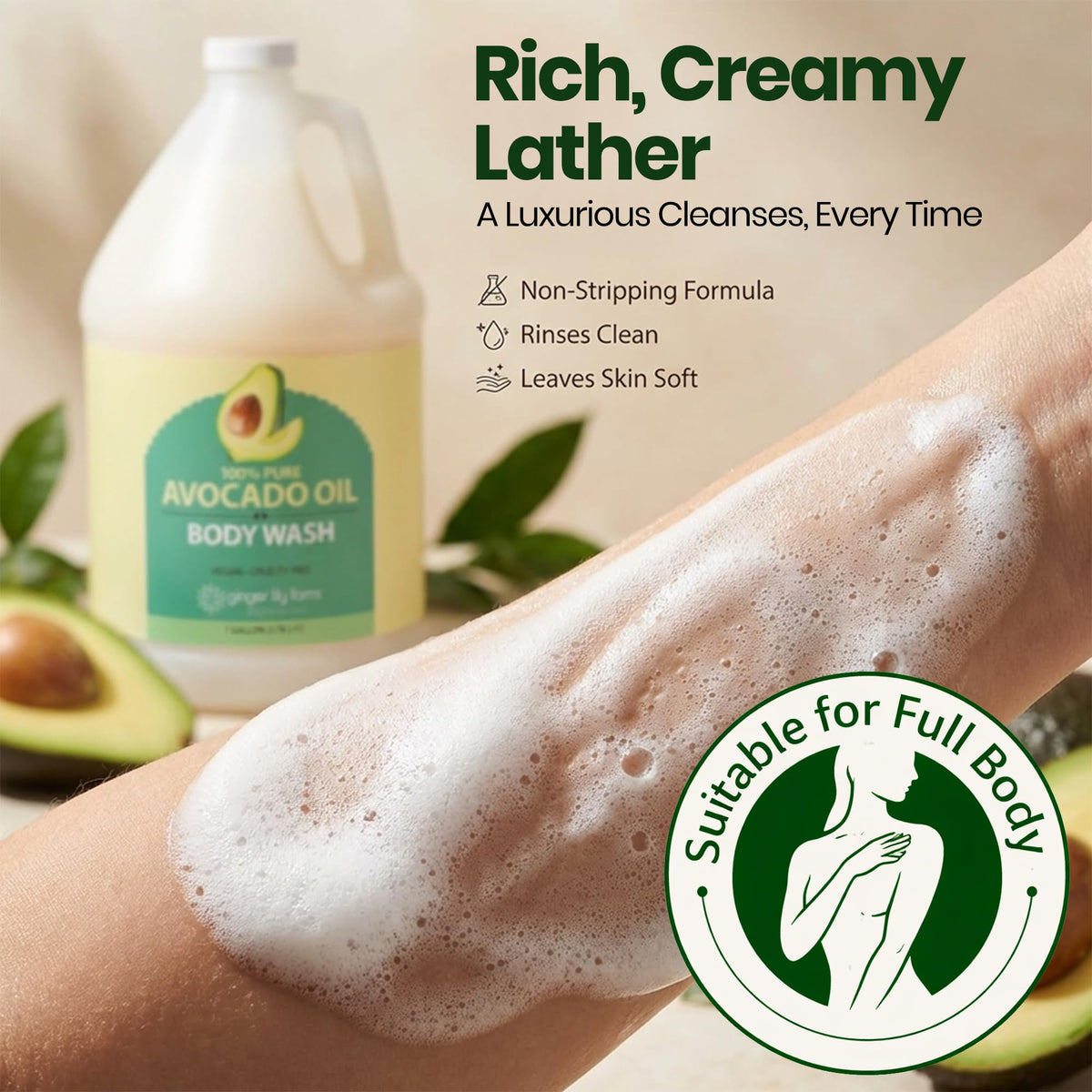 Ginger Lily Farms filling a pump bottle from the gallon showing sustainable refill benefit