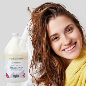 Ginger Lily Farms gallon on salon backbar signaling professional-ready bulk supply benefit