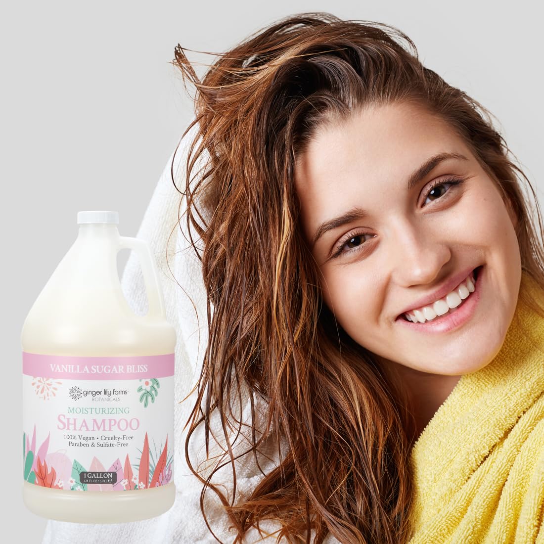 Ginger Lily Farms gallon on salon backbar demonstrating professional use and scent appeal