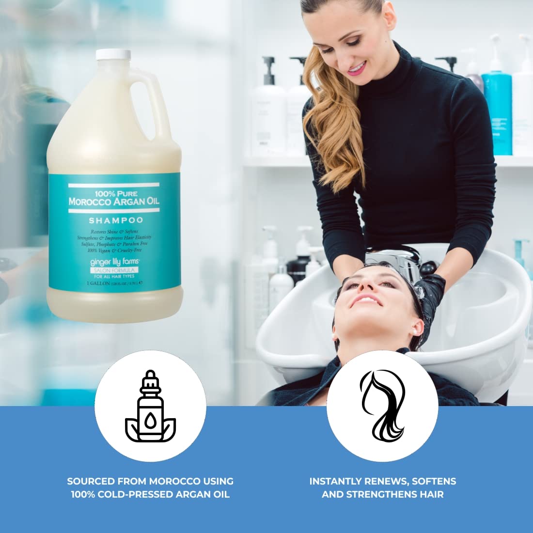 Ginger Lily Farms gallon on salon backbar showcasing salon-grade performance