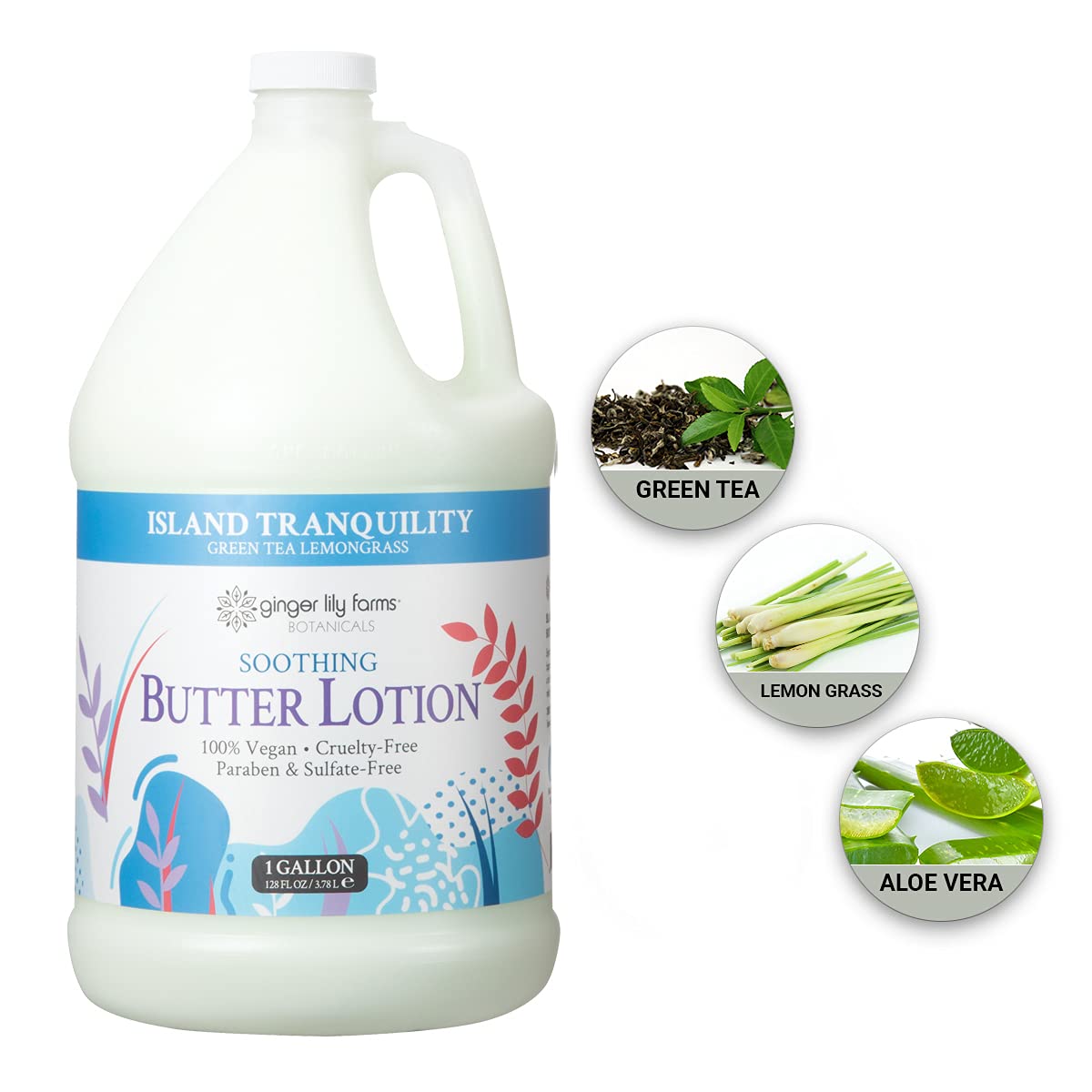 Ginger Lily Farms gallon next to pump bottle illustrates refill convenience