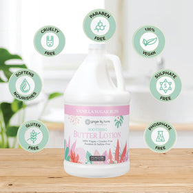 Ginger Lily Farms Vanilla Sugar Bliss scent ingredients arranged to illustrate fragrance