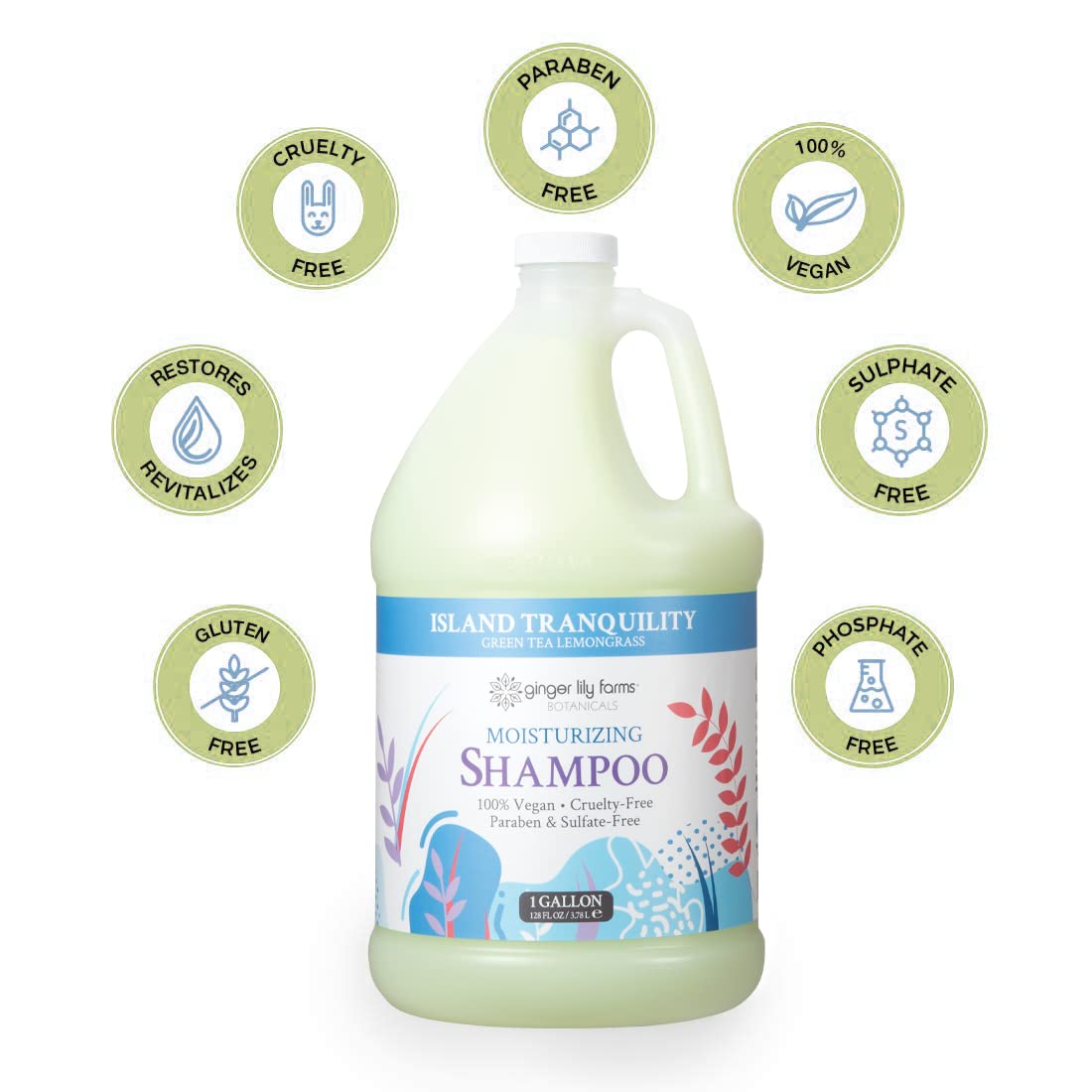 Ginger Lily Farms label showing vegan, PETA-certified and ingredient highlights