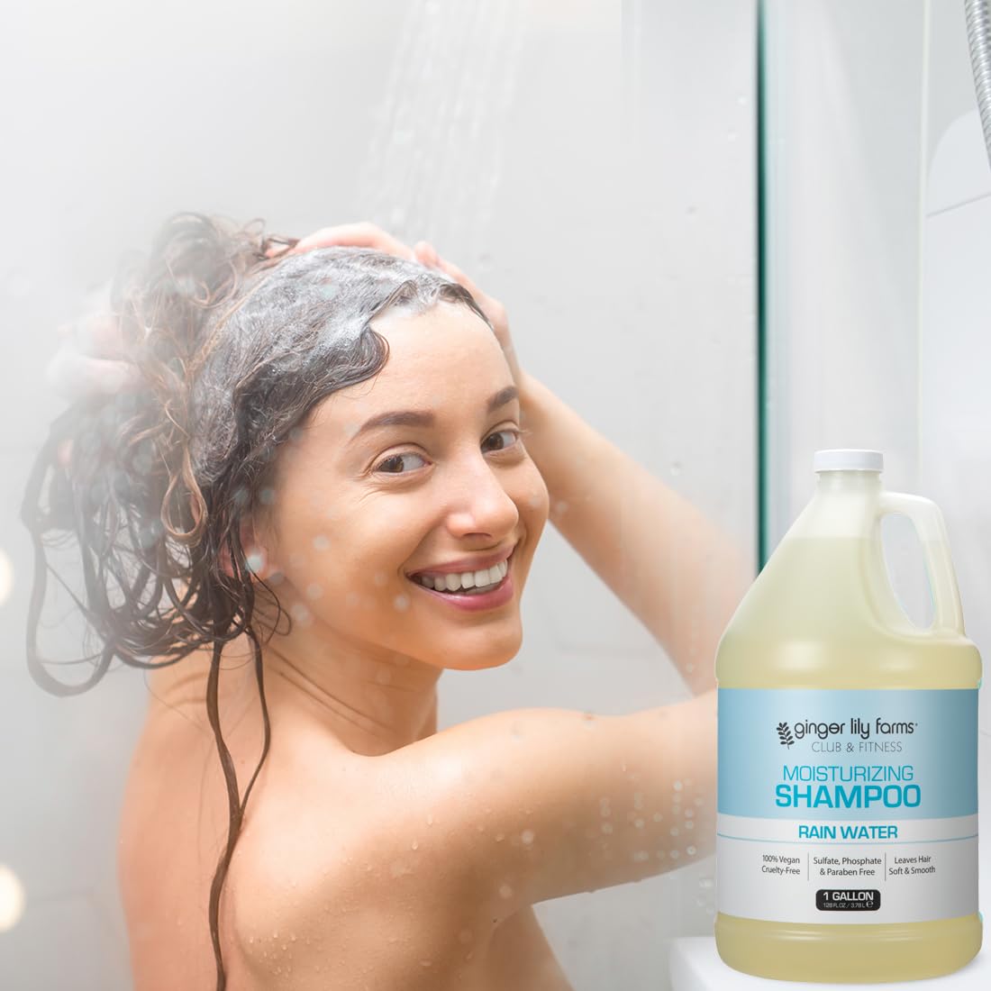 Ginger Lily Farms shampoo in shower setting offering refreshing rain scent