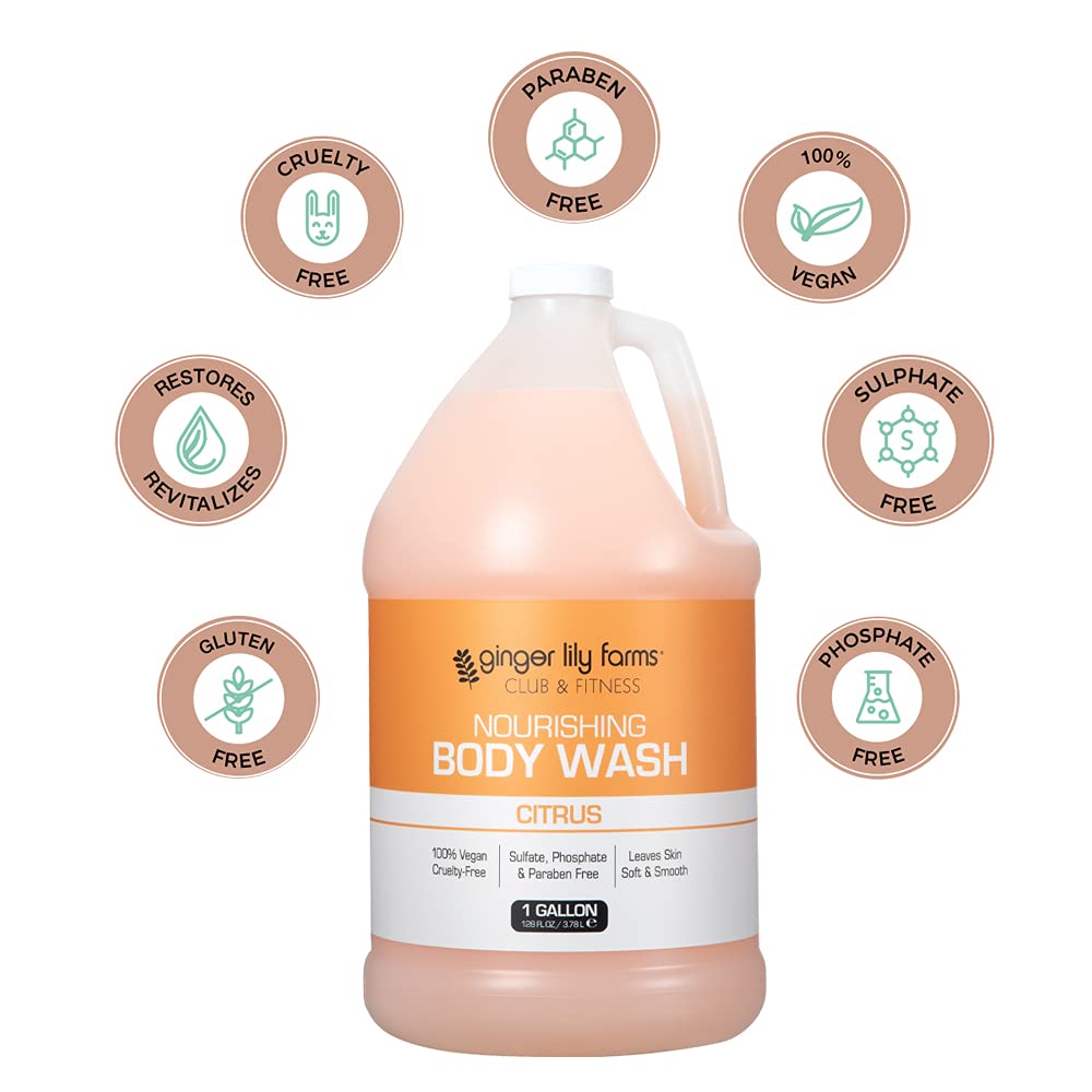 Ginger Lily Farms gallon bottle next to a standard dispenser showing value and scale