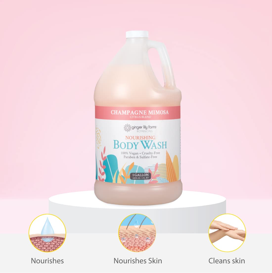 Ginger Lily Farms gallon held in hand to show scale and economical refill size