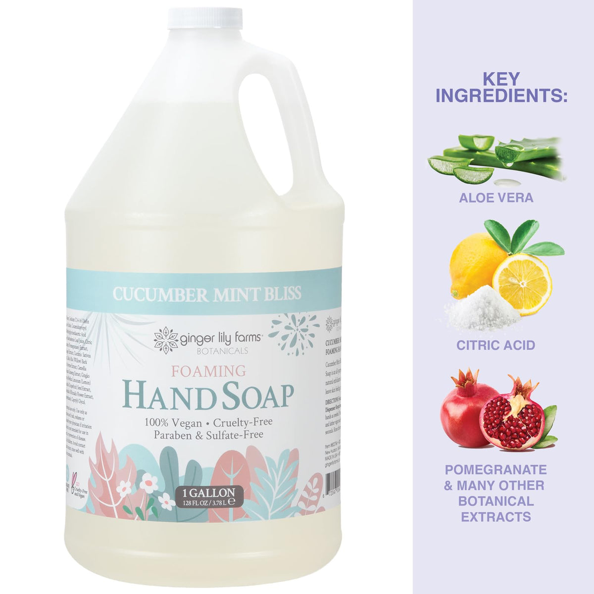 Ginger Lily Farms gallon next to hands demonstrating size and economy