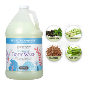 Ginger Lily Farms gallon beside hand for scale showing large refill economy