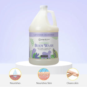 Ginger Lily Farms gallon beside hand illustrating scale and economical size for refills