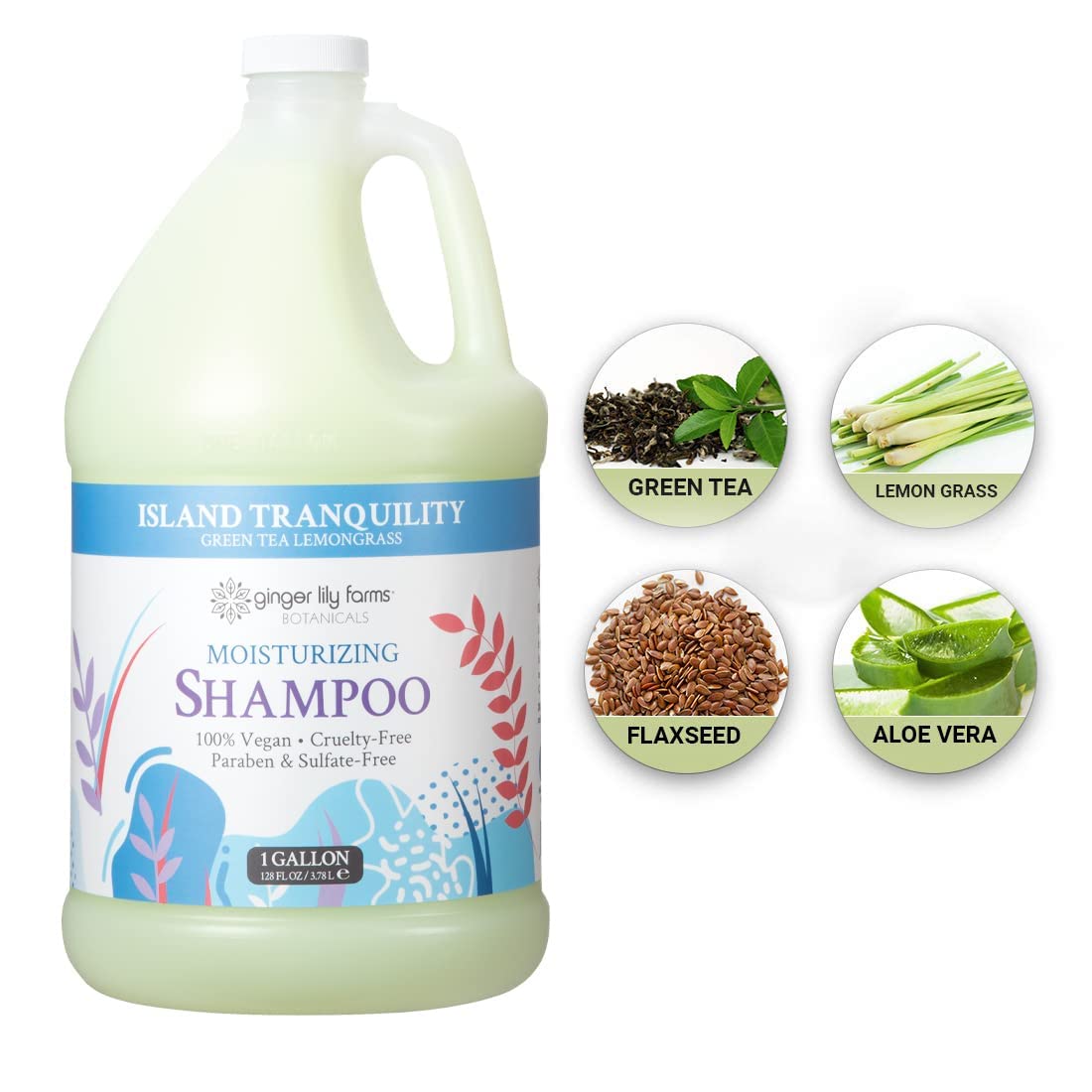 Ginger Lily Farms gallon held by hand showing scale and economical size