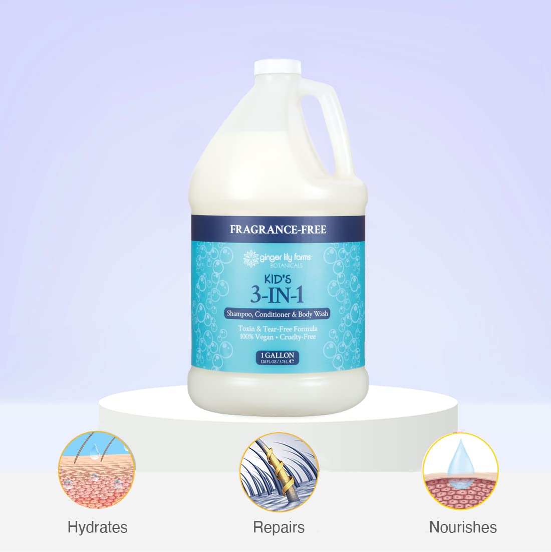 Ginger Lily Farms gallon next to folded towel showing scale and economical size