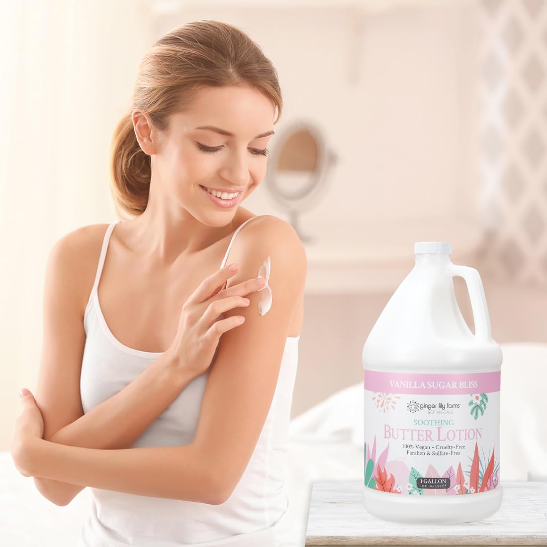 Ginger Lily Farms lotion on a spa counter to convey professional use and luxury
