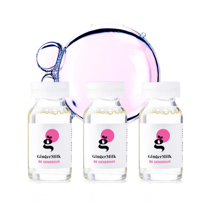 Ginger Milk front packaging showing three BE GENEROUS ampoules, convenient travel size