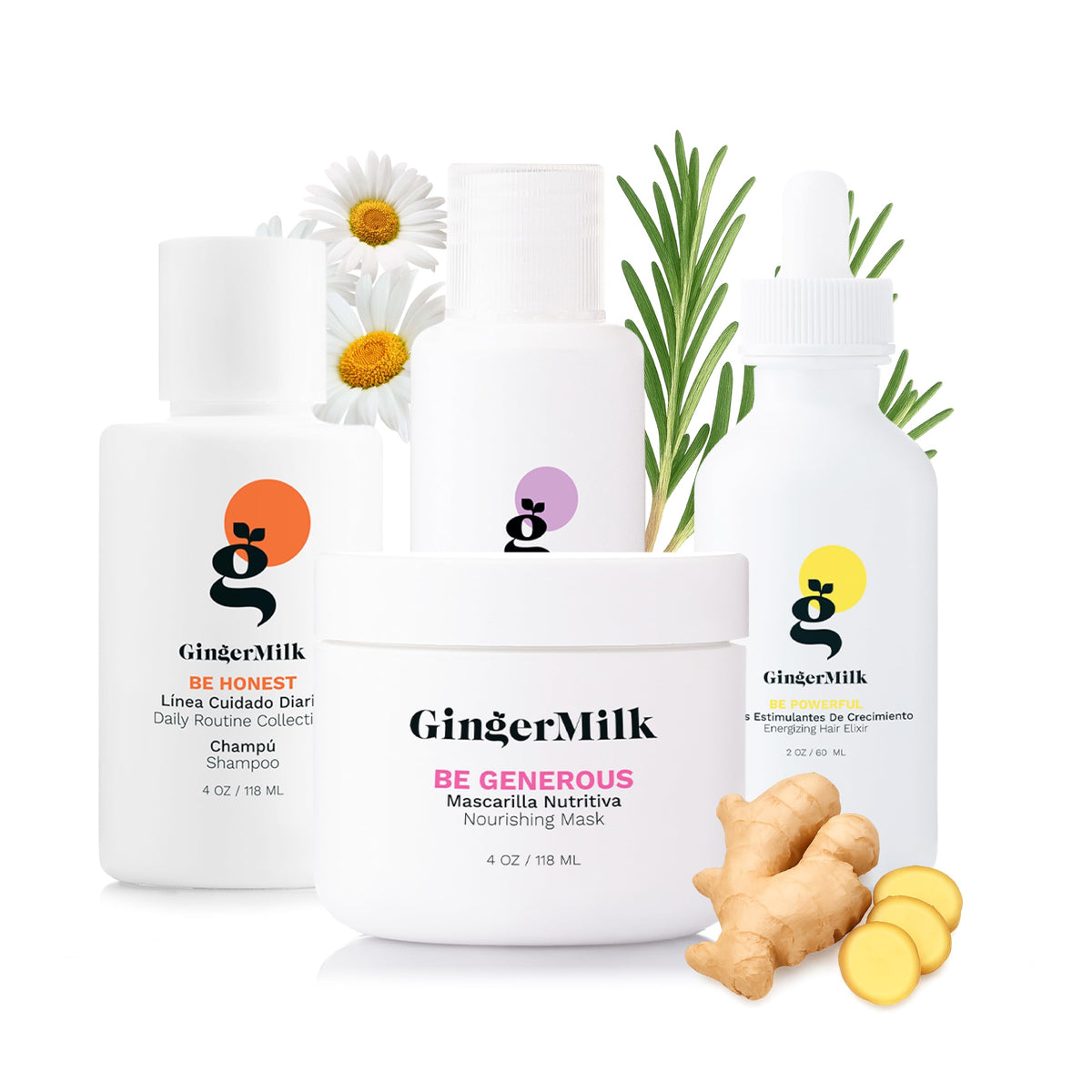 Ginger Milk front view of travel kit showing all four products and bag for convenient travel