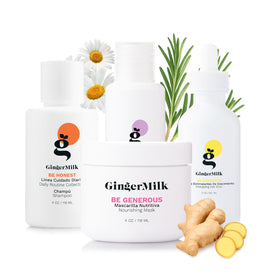 Ginger Milk front view of travel kit showing all four products and bag for convenient travel