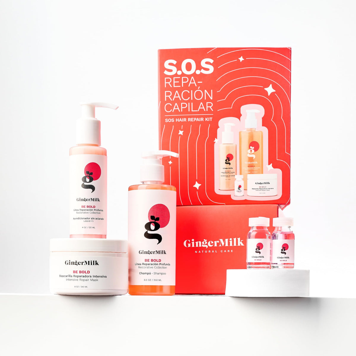 Ginger Milk Natural Care kit styled on bathroom shelf for salon-at-home results