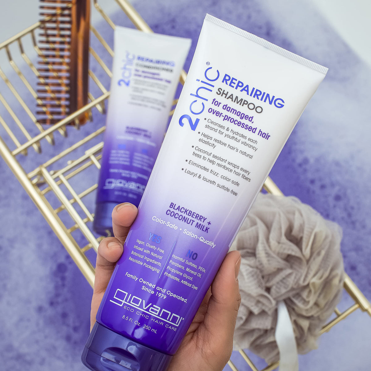 GIOVANNI shampoo and conditioner in shower demonstrating easy application