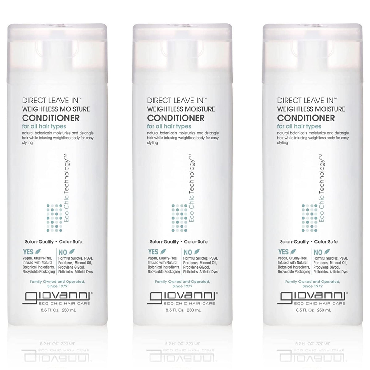 GIOVANNI front packaging showing 8.5 oz bottle and branding benefits