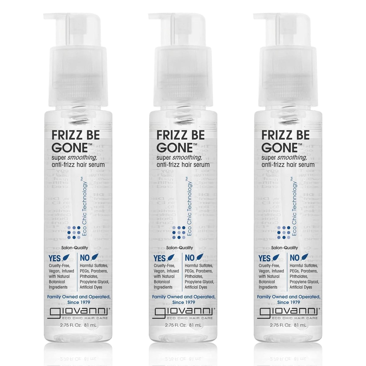 GIOVANNI front packaging of Frizz Be Gone showing product benefit
