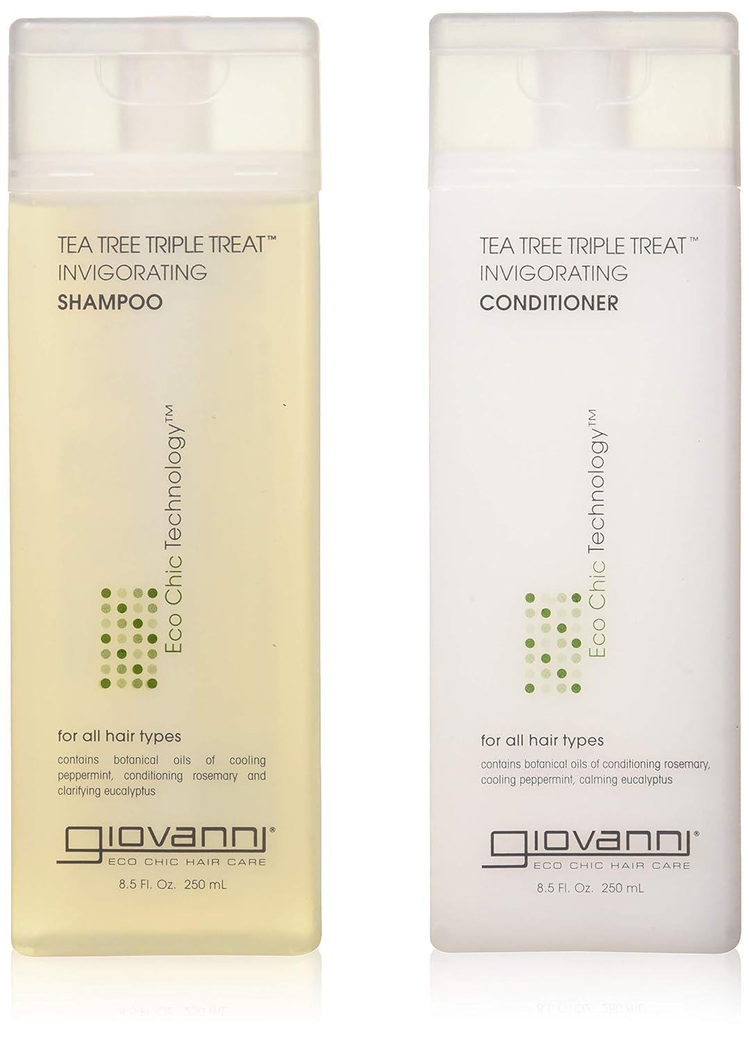 GIOVANNI front packaging of shampoo and conditioner showing clean design and benefit
