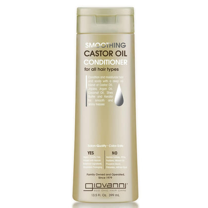 GIOVANNI front packaging showing Smoothing Castor Oil conditioner benefit shine