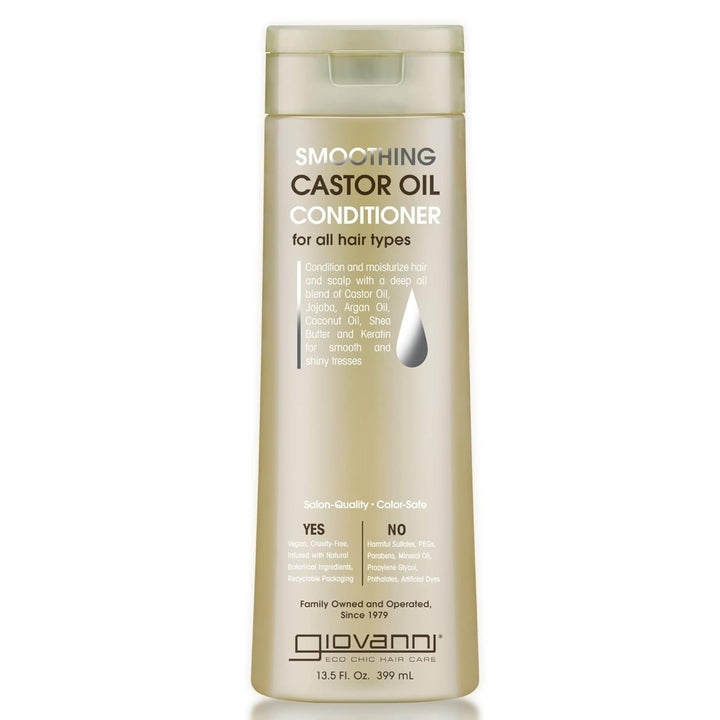 GIOVANNI front packaging showing Smoothing Castor Oil conditioner benefit shine