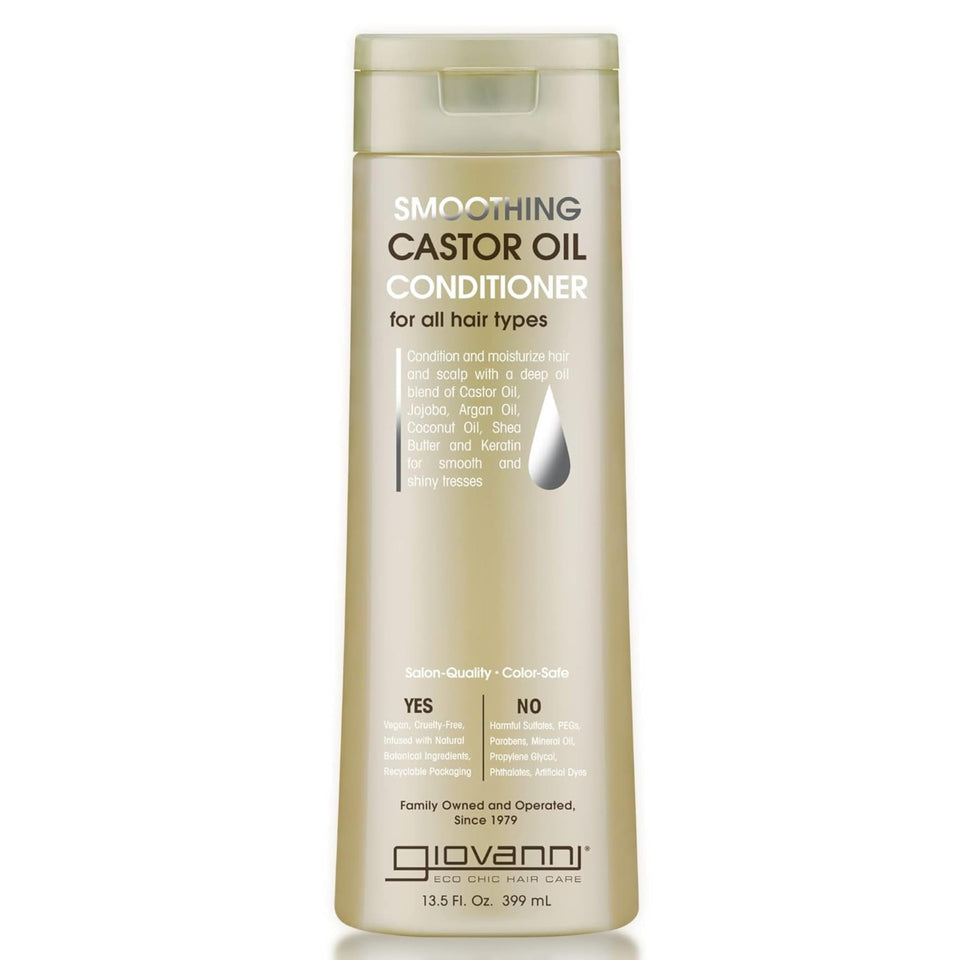 GIOVANNI front packaging showing Smoothing Castor Oil conditioner benefit shine